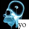 X-ray style human skull with brain visible inside, glowing blue outline on black background, partial white text 'YO' in bottom right corner.