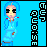 Pixel art character with blue hair and sunglasses in blue outfit, standing against blue background with vertical text on left and right sides.