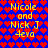 Pixelated icon with blue background and red heart pattern, displaying yellow text 'Nicole and Nick J 4eva' in two identical vertical sections.