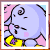A 4x4 contact sheet of a pixelated animated icon featuring a light purple cartoon character with pink inner ears, yellow clothing, and a spiral hair curl, shown in various sleeping poses across 15 frames.