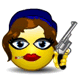 Animated contact sheet of a yellow emoji-style character with brown hair and blue headband holding silver revolver, showing sequential facial expressions and hand gestures across 25 frames.