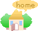 Pixelated house with yellow roof, blue windows, brown door, green trees; speech bubble reads 'home' on left side.