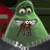 Green hooded figure with wide eyes and a small mouth holding a brown object, set against a dark background with red and green elements.