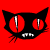 Pixelated black cat face with red eyes and white fangs on solid red background.