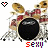 Pixelated static image of a drum kit with a heart icon and colorful text at the bottom.