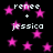 Black background with scattered pink stars and repeated white text reading 'rene + jessica' in pixelated font.