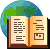 Pixelated icon shows open book with text lines and a small square graphic on right page, set against semi-circular globe background of blue water and green landmasses.