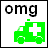 Pixelated image with black text 'omg' above a bright green ambulance icon featuring white cross and circular wheels.