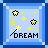 Pixel art animated contact sheet showing five frames of a blue-bordered icon with yellow stars, sparkles, and the word DREAM in black text on light blue background.