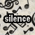 A static image with a patterned background of black musical notes on light gray, featuring four text blocks: 'silence' in white bold letters, 'is a' in small white letters, 'scary' in red bold letters, and 'sound' in pink bold letters.