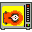 Pixelated orange fish with black spots and white eyes on yellow background, framed by gray border with vertical control