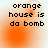 Pixelated text 'orange house is da bomb' on orange gradient background with varying circular highlights