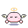 Pixel art angel icon with pink body, white wings, yellow halo, and black eyes in four variations showing wing positions and small text symbols.