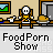 Pixel art animation of a character in a yellow outfit seated at a table with food, under a framed landscape painting, with 'FoodPorn Show' text below.