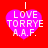 Four identical pixelated heart-shaped icons with text "I LOVE TORRYE A.A.F." on a red background, each featuring distinct color variations.