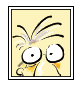 Cartoon character with spiky hair and glasses shows three sequential expressions: wide eyes, squinting eyes, closed eyes.