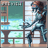 Pixel art image of a blue robotic figure with red eyes holding water droplets, seated by a window overlooking water and greenery.