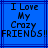 Blue background with dark blue lines and pixelated text reading "I Love My Crazy FRIENDS!!" in black