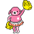 A 5-frame animated contact sheet showing a pink cartoon sheep mascot in cheerleading attire performing various poses with yellow pom-poms against a white background.