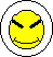 Two side-by-side pixel art smiley faces with angry eyebrows, one with a neutral mouth and the other with a red smiling mouth, both in circular white borders on gray background.