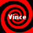 Four identical red and black spiral patterns arranged in a , each containing the text "Vince" in white