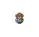 Pixel art character with green hat and pink headband holds blue shield, then swings sword with white motion trail, then holds sword vertically with white trail.