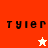 Four display 'Tylie' text with star symbols; top-left red background has white star, bottom-left cream background has orange star