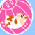 A split-frame animated buddy icon with a pink cartoon character on the left and pixelated text on the right.