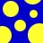 Blue background with multiple yellow circles of varying sizes scattered across the surface.