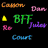 Animated icon with repeating text elements and a yellow circular symbol on black background, showing subtle animation changes in the symbol's appearance.