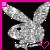 A 2x2 contact sheet of three animated frames showing a pixelated silver bunny logo on black background with pink and white heart icons, framed by bright pink borders.