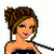 Pixelated cartoon woman with brown hair in a bun wearing a black strapless dress, next to a white contact sheet showing pixelated text and symbols.