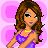 Pixelated image of a woman with brown curly hair wearing a purple dress and yellow necklace against a pink background with text.