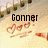 Pixelated static image with 'Gonner' text in bold black font above stylized red script on a light beige background with brown pixel clusters.