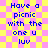 A static pixel art image with a yellow and pink checkered background displaying blue text reading "Have a picnic with the one u luv" in two identical vertical