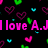 Pixelated text reads 'I love A.J 6.16.08' over a black background with floating heart shapes in pink, green, and cyan.