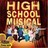 Pixelated image with 'HIGH SCHOOL MUSICAL' text above a group of four figures in casual clothing against dark background.