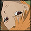 Pixelated close-up of a light-skinned anime character with large dark eyes and orange hair, showing partial facial features against a muted background.