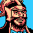 Pixelated 48x48 static buddy icon featuring a stylized character with dark hair, glasses, and beard against solid blue background.