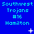 Blue background with repeated cyan text "Southwest Trojans #16 Hamilton" and scattered white star-like pixels in a pattern