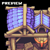 Pixel art building with purple tiled roofs and wooden beams, featuring a glowing orange element below.