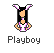 Pixel art contact sheet showing two frames of an animated icon: a cartoon character with bunny ears and pink accents on the left, and green text logo on dark background on the right.