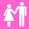 White stick figures of a woman and man holding hands against a solid pink background.