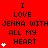 Red background with black text reading "I LOVE JENNA WITH ALL MY HEART" and white heart symbols increasing in number from one to four across three