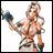 Pixelated anime-style character with long brown hair holding a blue and silver weapon, standing against white background with black text on right