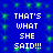 Blue background with green pixelated sparkles and repeated white text 'THAT'S WHAT SHE SAID!!!' in four vertical