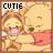 Pixelated icon with 'CUTIE' text above a stylized figure in warm tones, featuring light hair and pink accents on clothing.