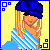 Pixel art contact sheet showing six frames of an animated character with blue accessories and yellow background, including full-body views, close-ups, and text.