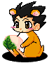 Pixel art character with black spiky hair and pink ears sits holding a green leaf, displaying multiple facial expressions across frames.