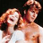 A 2x2 contact sheet of a pixelated animated icon featuring two people in an embrace with text overlays, displayed on a gray background.